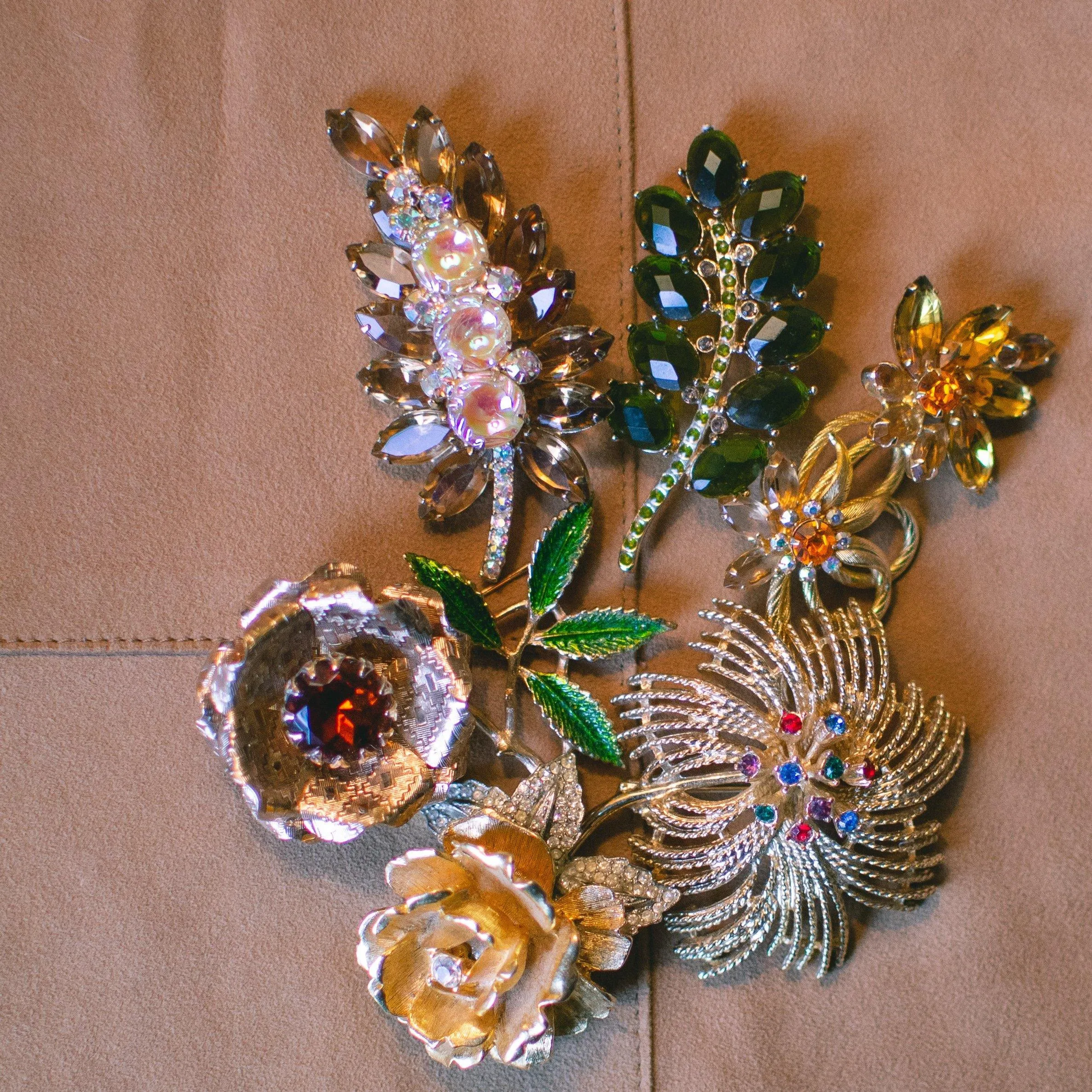 Vintage Olive Green Rhinestone Branch Brooch, Gold Tone Setting, Brooches and Pins