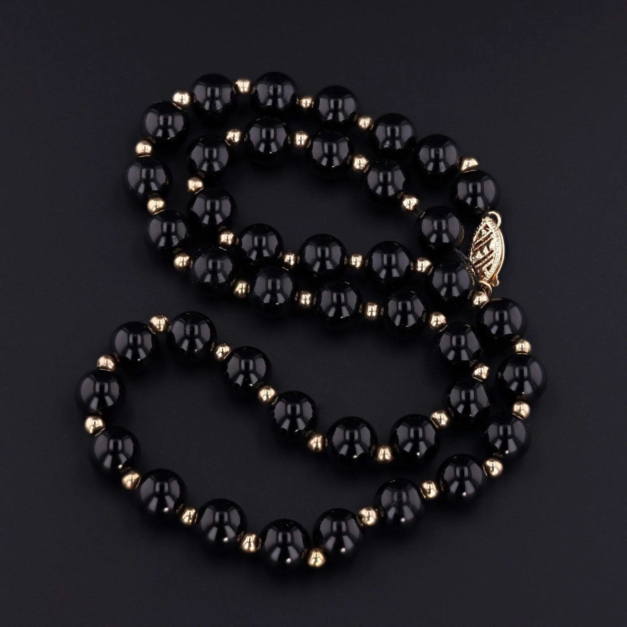 Vintage Onyx Bead Necklace & Bracelet Set | 14k Gold