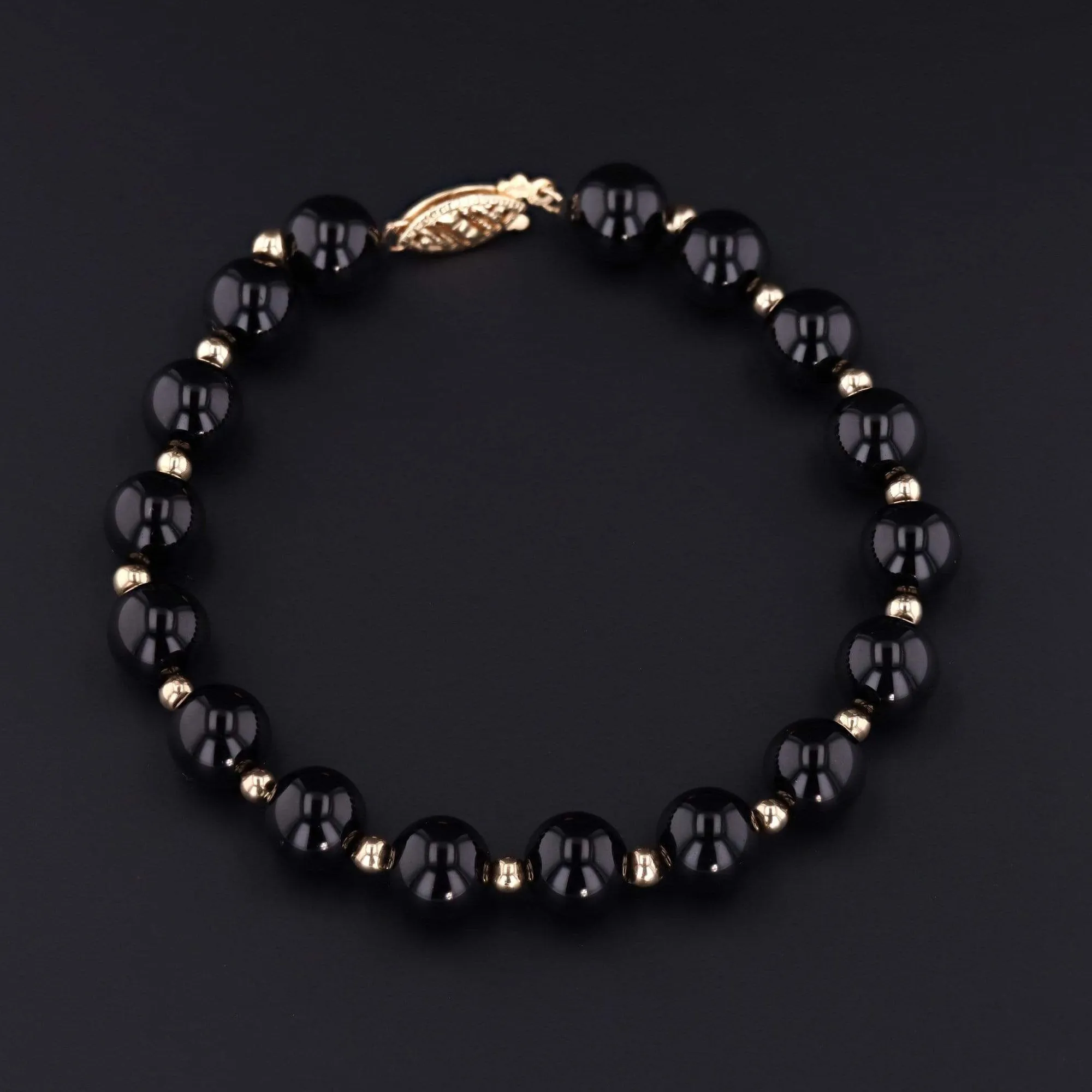 Vintage Onyx Bead Necklace & Bracelet Set | 14k Gold