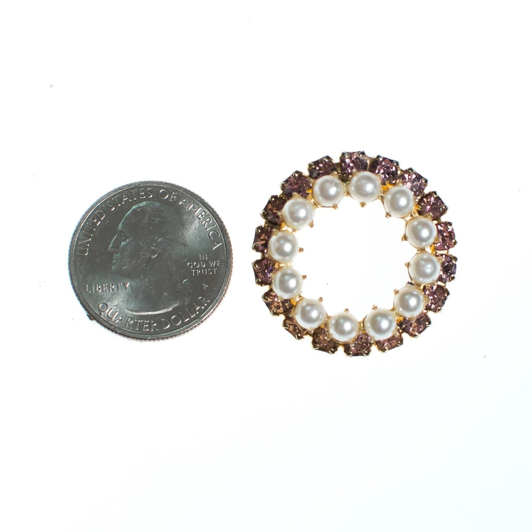 Vintage Pearl and Pink Rhinestone Circle Brooch