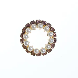 Vintage Pearl and Pink Rhinestone Circle Brooch