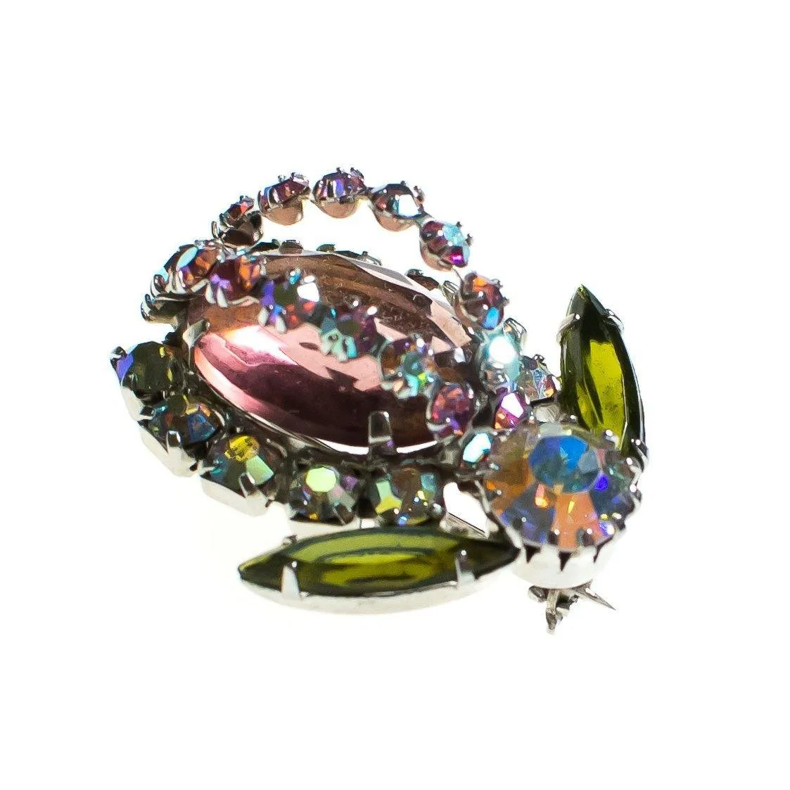 Vintage Pink and Purple Aurora Borealis Flower Brooch Silver Tone Setting, Brooches and Pins