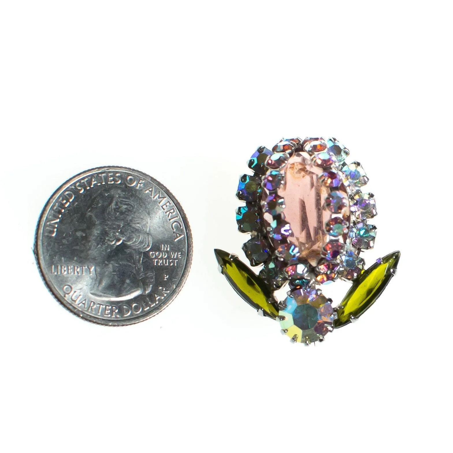 Vintage Pink and Purple Aurora Borealis Flower Brooch Silver Tone Setting, Brooches and Pins
