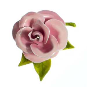 Vintage Pink Enamel Flower Brooch, Green Leaves, Brooches and Pins