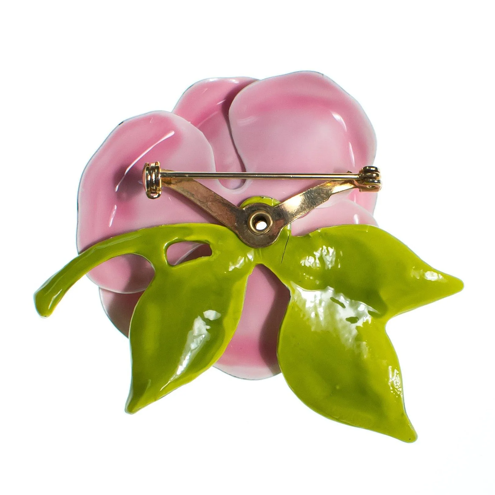 Vintage Pink Enamel Flower Brooch, Green Leaves, Brooches and Pins