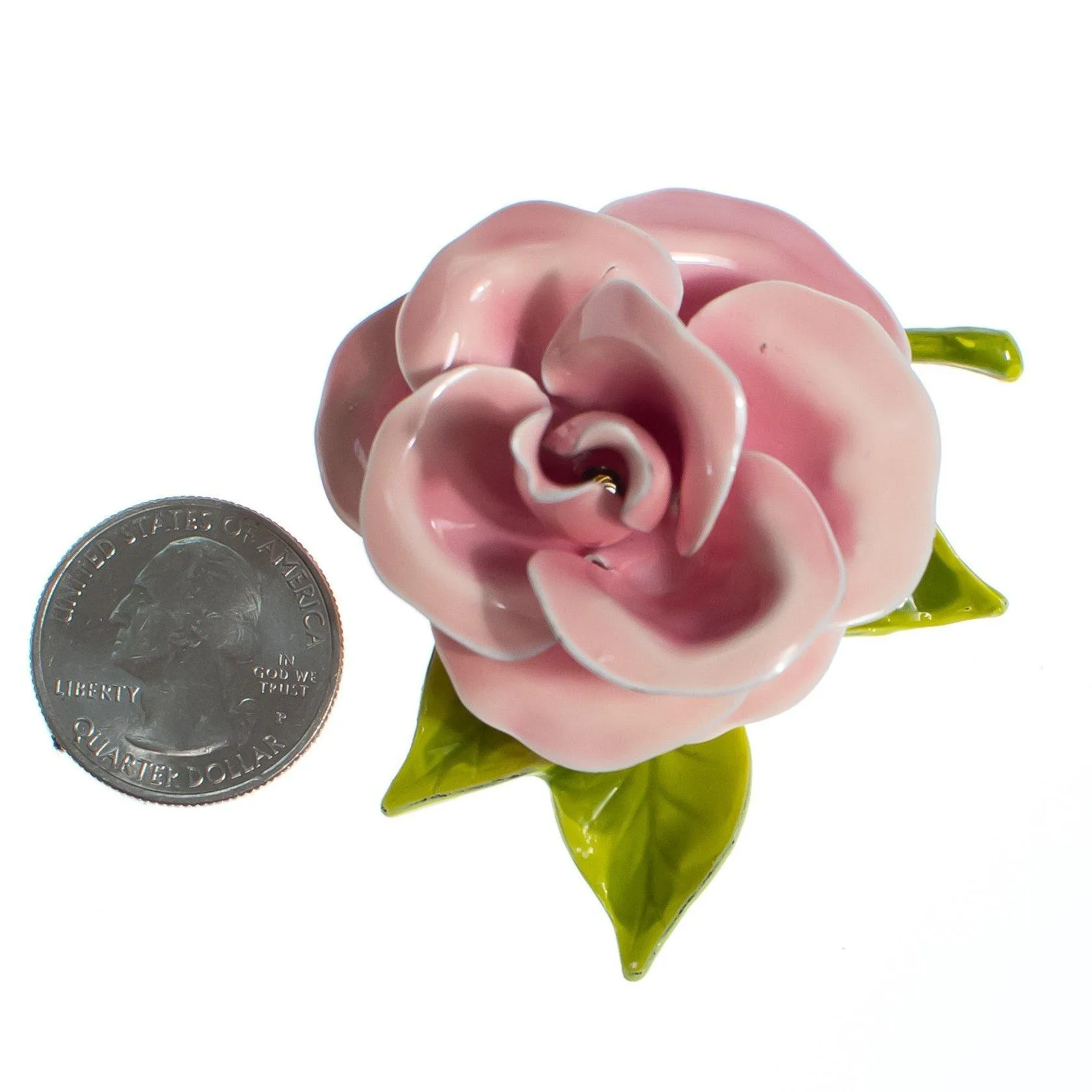 Vintage Pink Enamel Flower Brooch, Green Leaves, Brooches and Pins