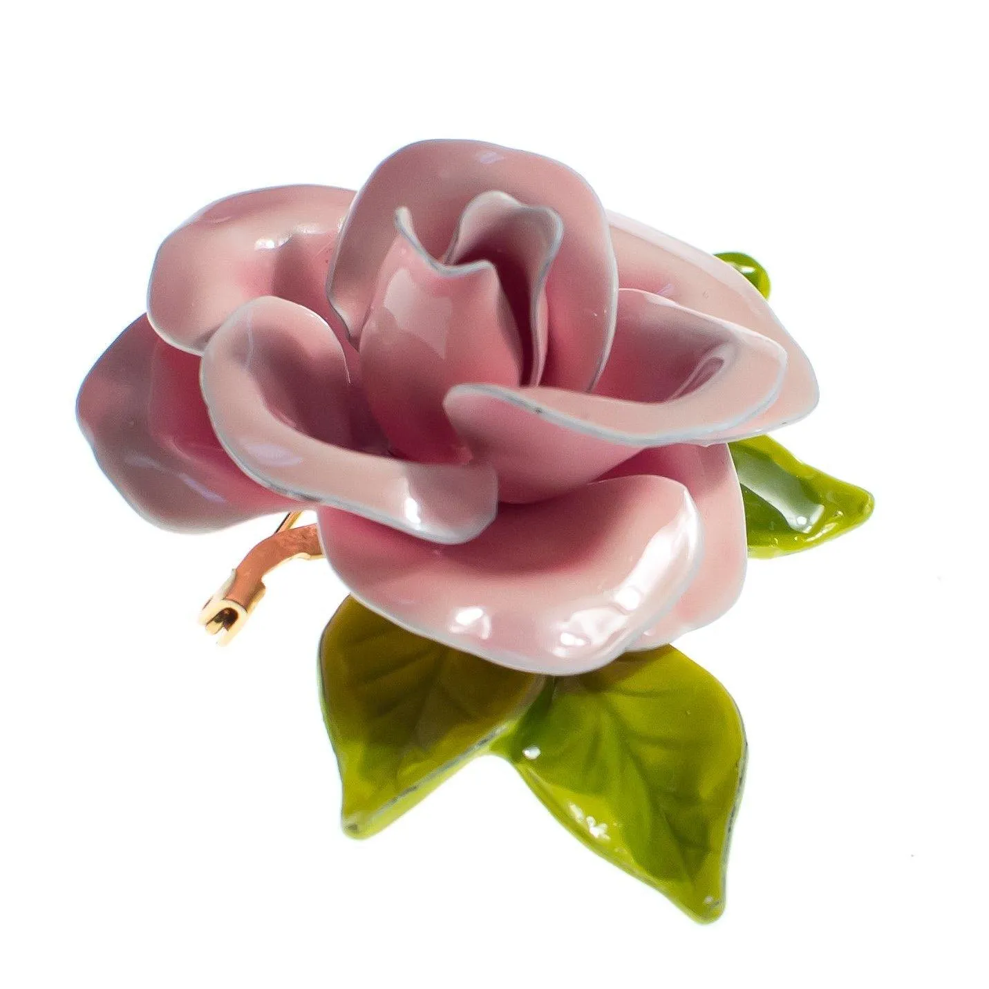 Vintage Pink Enamel Flower Brooch, Green Leaves, Brooches and Pins