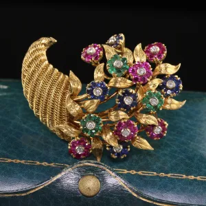 Vintage Retro Tiffany and Co 18K Yellow Gold Cornucopia Sapphire Flower Pin