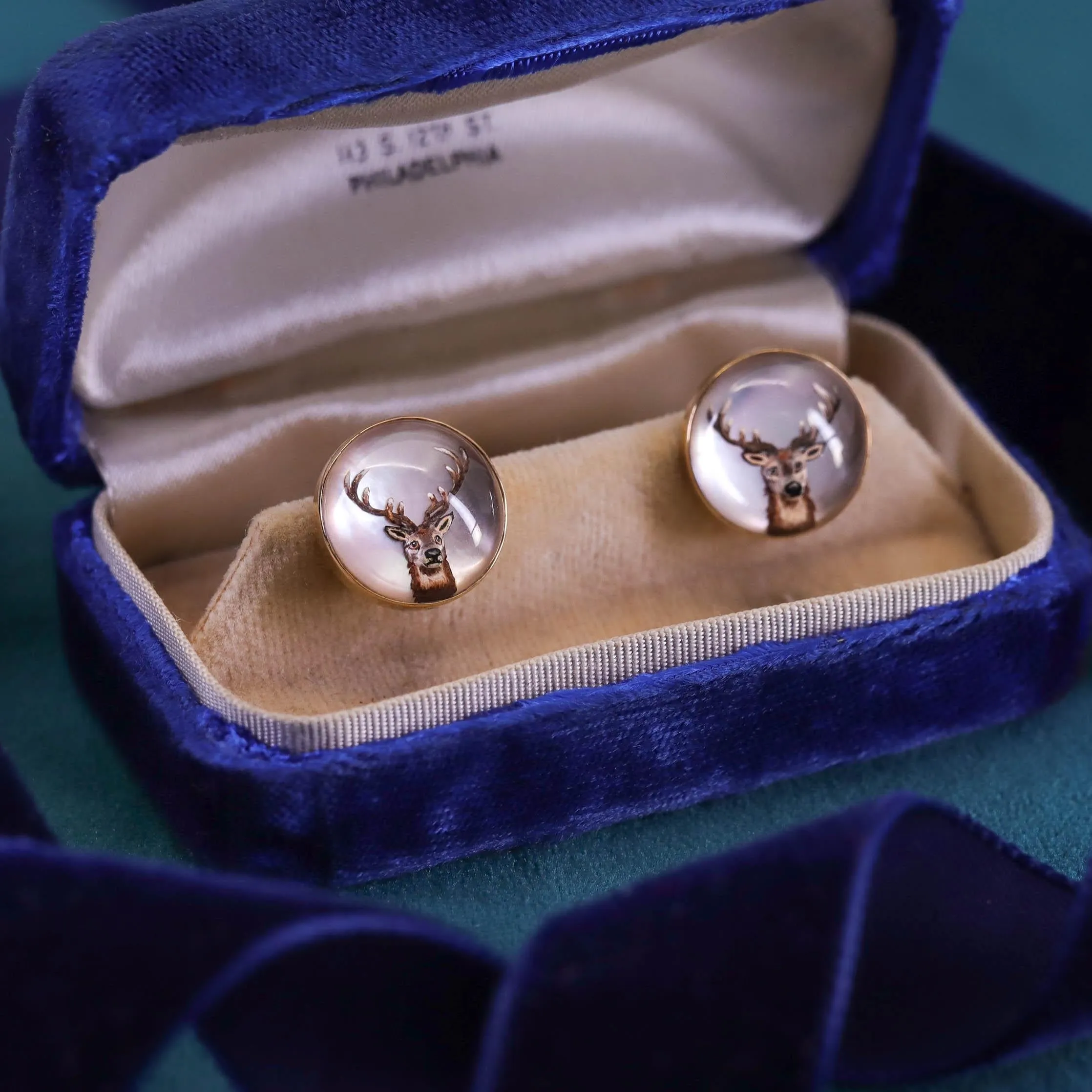 Vintage Reverse Painted Crystal Deer Cufflinks of 14k Gold