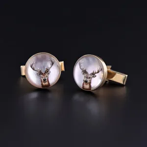 Vintage Reverse Painted Crystal Deer Cufflinks of 14k Gold