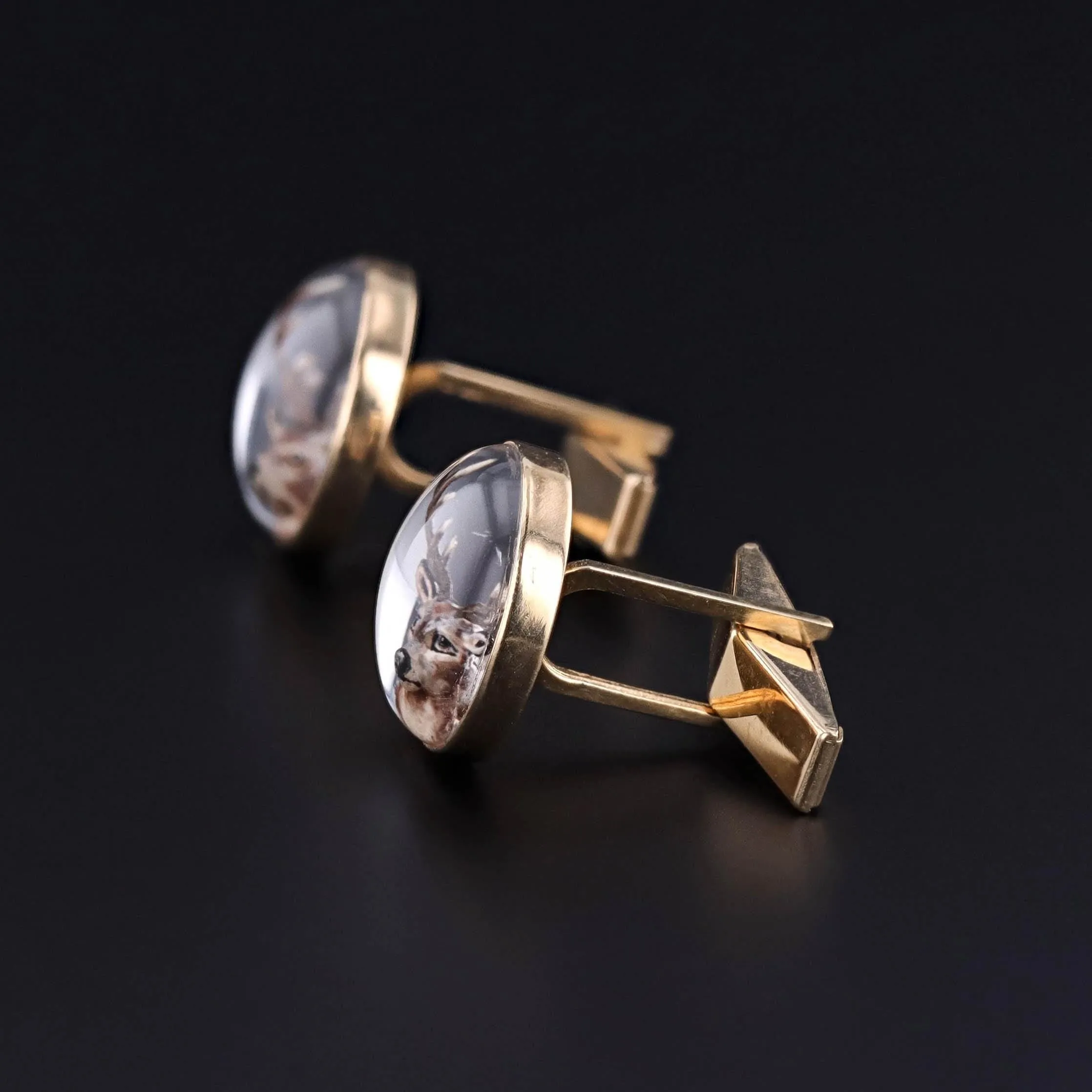 Vintage Reverse Painted Crystal Deer Cufflinks of 14k Gold