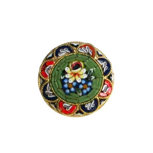 Vintage Round Mosaic Flower Brooch, Made in Italy, Red, Yellow, Green, Blue, and White Flower Mosaic, Gold Tone Setting, Brooches and Pins