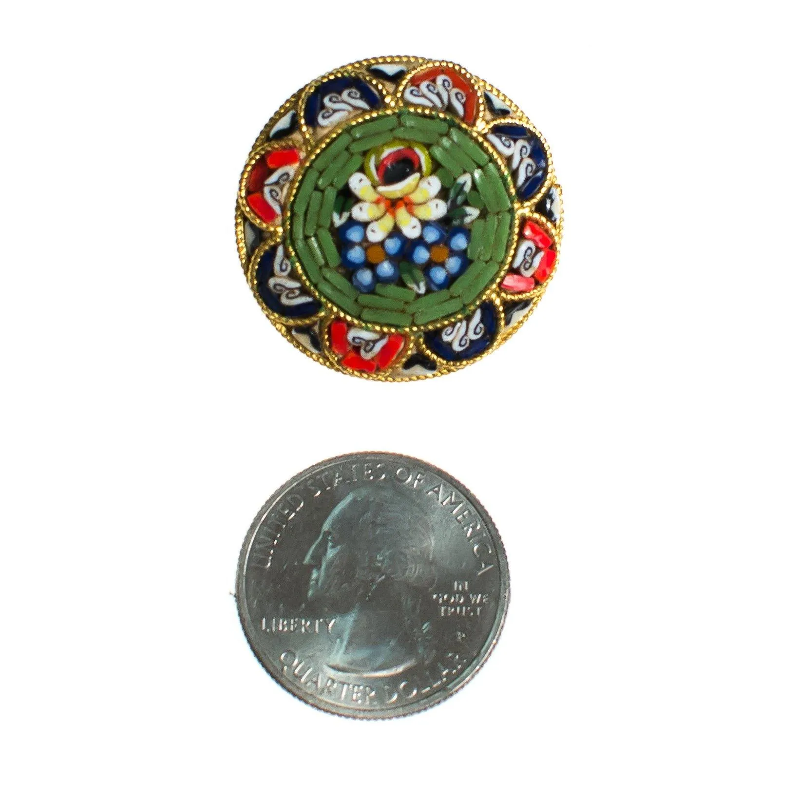 Vintage Round Mosaic Flower Brooch, Made in Italy, Red, Yellow, Green, Blue, and White Flower Mosaic, Gold Tone Setting, Brooches and Pins