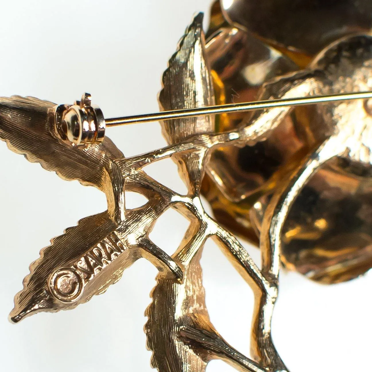 Vintage Sarah Coventry Flower Brooch, Amber Brown Rhinestone Center