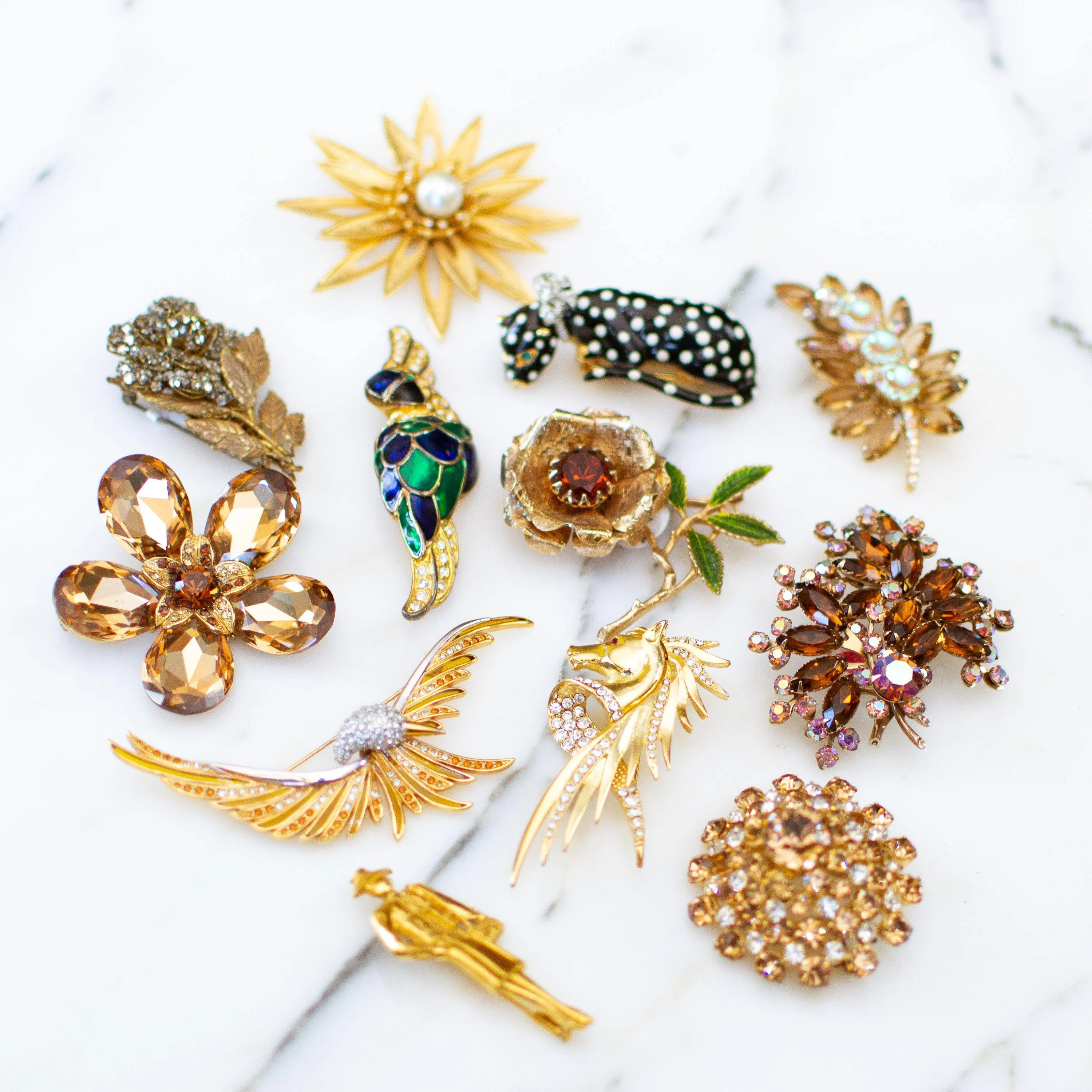 Vintage Smokey Topaz Crystal Flower Brooch