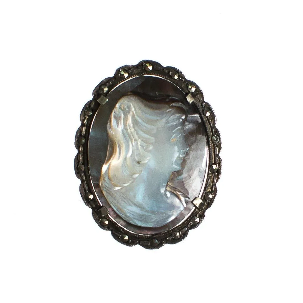Vintage Sterling Silver Cameo Brooch, Carved Gray and Mother of Pearl Cameo, Brooches and Pins, Pendant