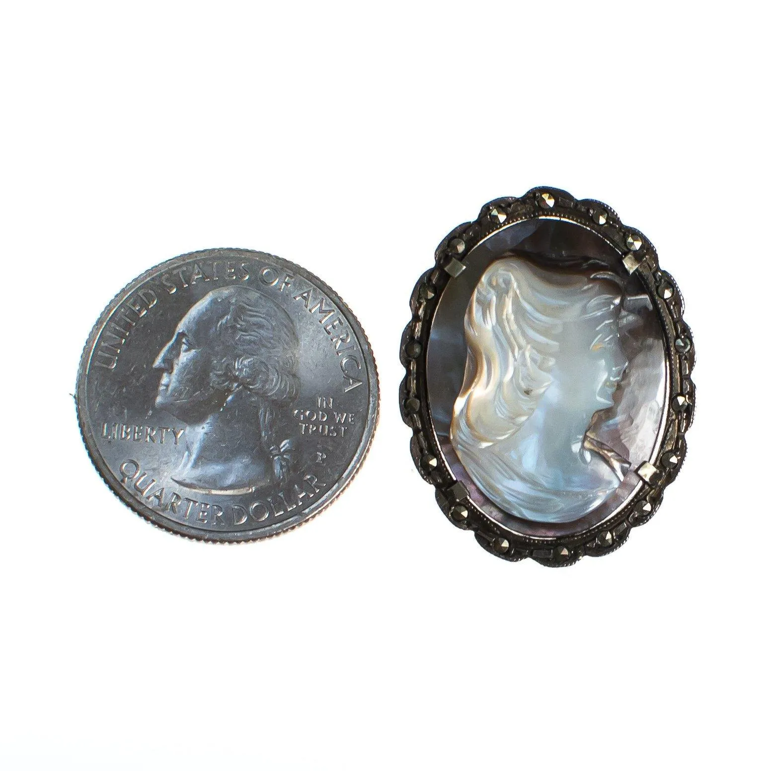 Vintage Sterling Silver Cameo Brooch, Carved Gray and Mother of Pearl Cameo, Brooches and Pins, Pendant