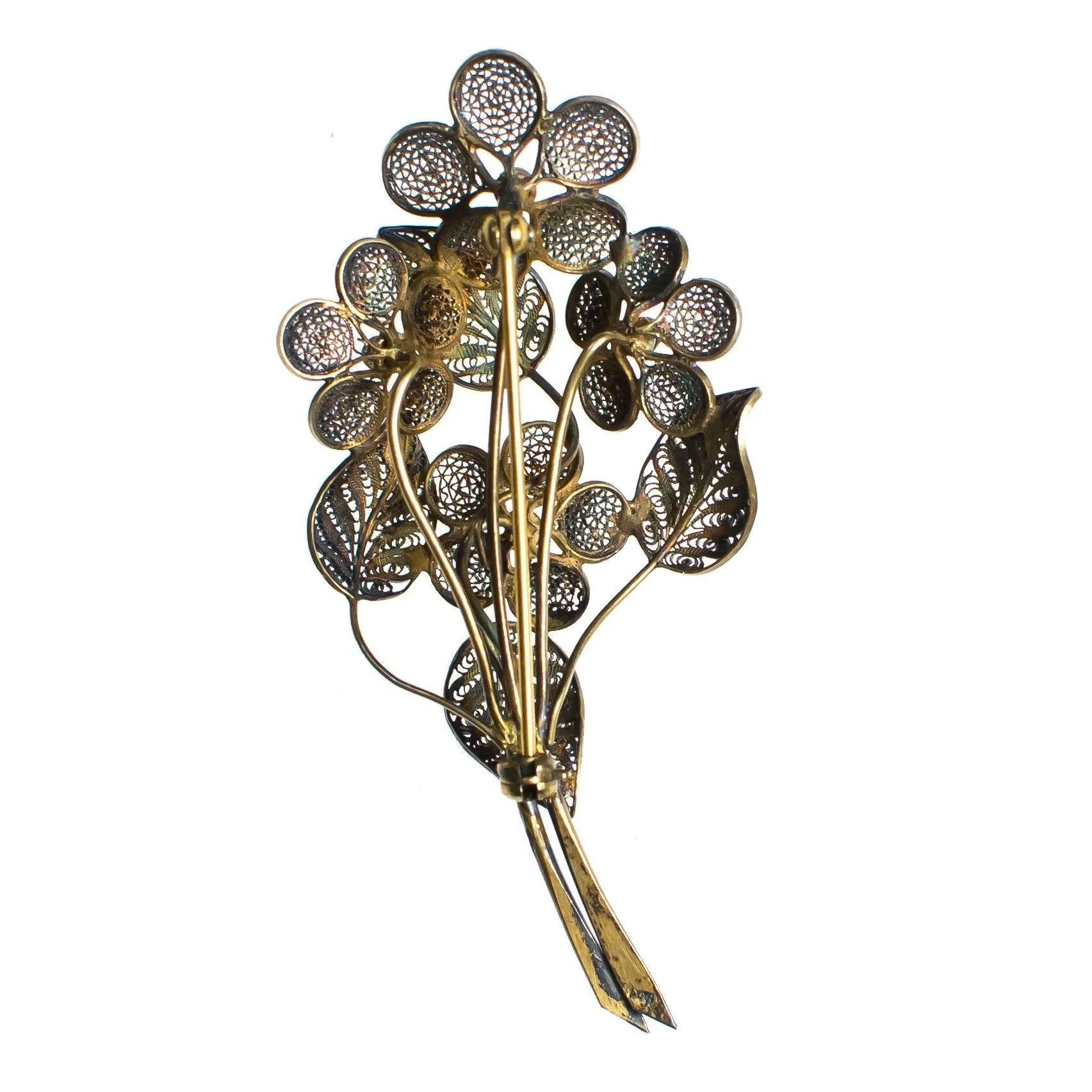 Vintage Sterling Silver Filigree Flower Brooch, Gold Tone Setting, Brooches and Pins