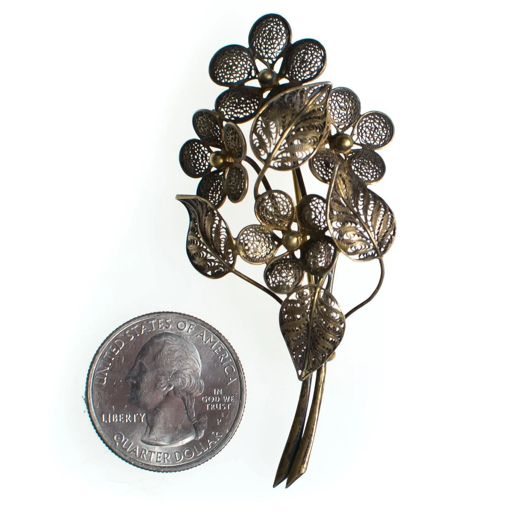 Vintage Sterling Silver Filigree Flower Brooch, Gold Tone Setting, Brooches and Pins