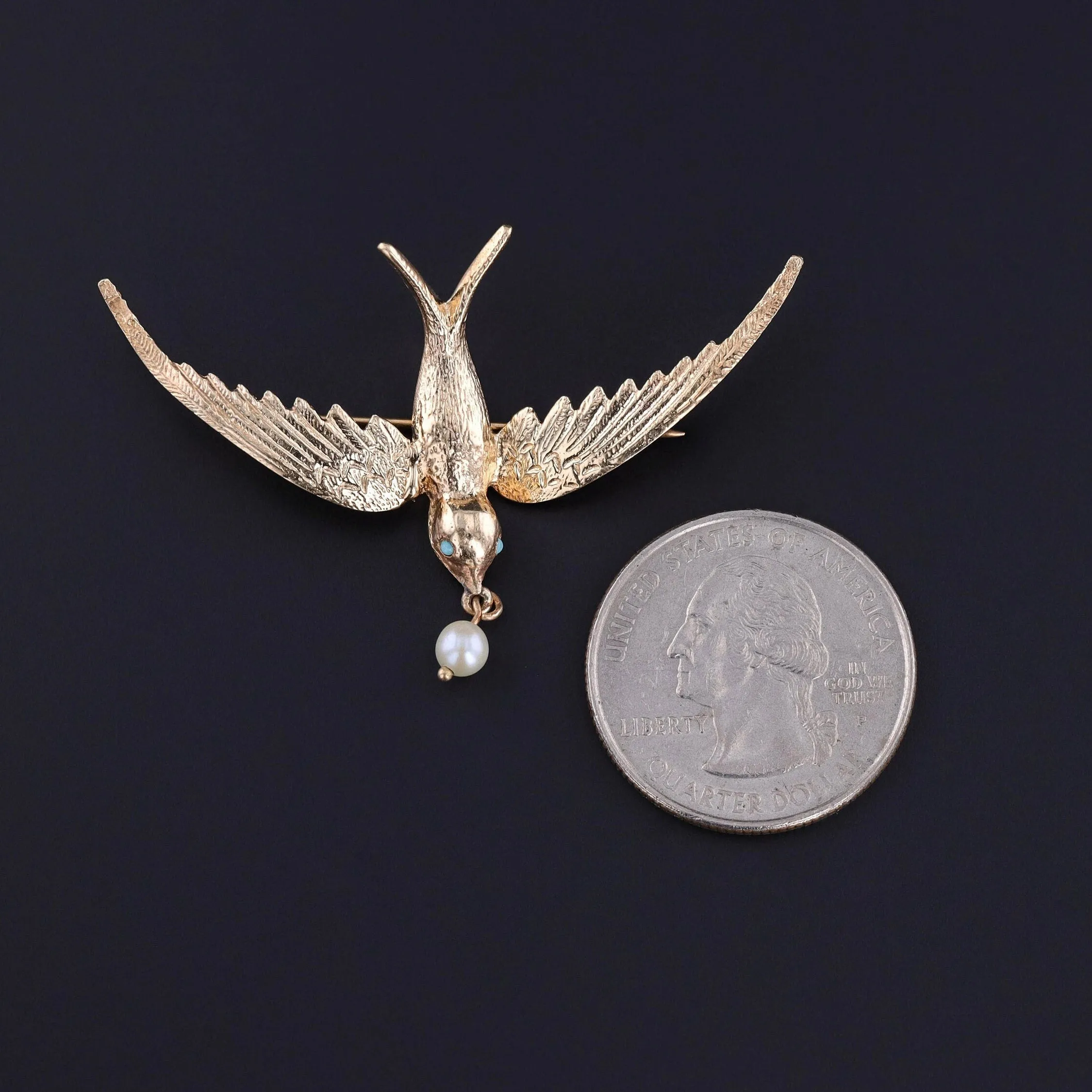 Vintage Swallow Brooch of 14k Gold