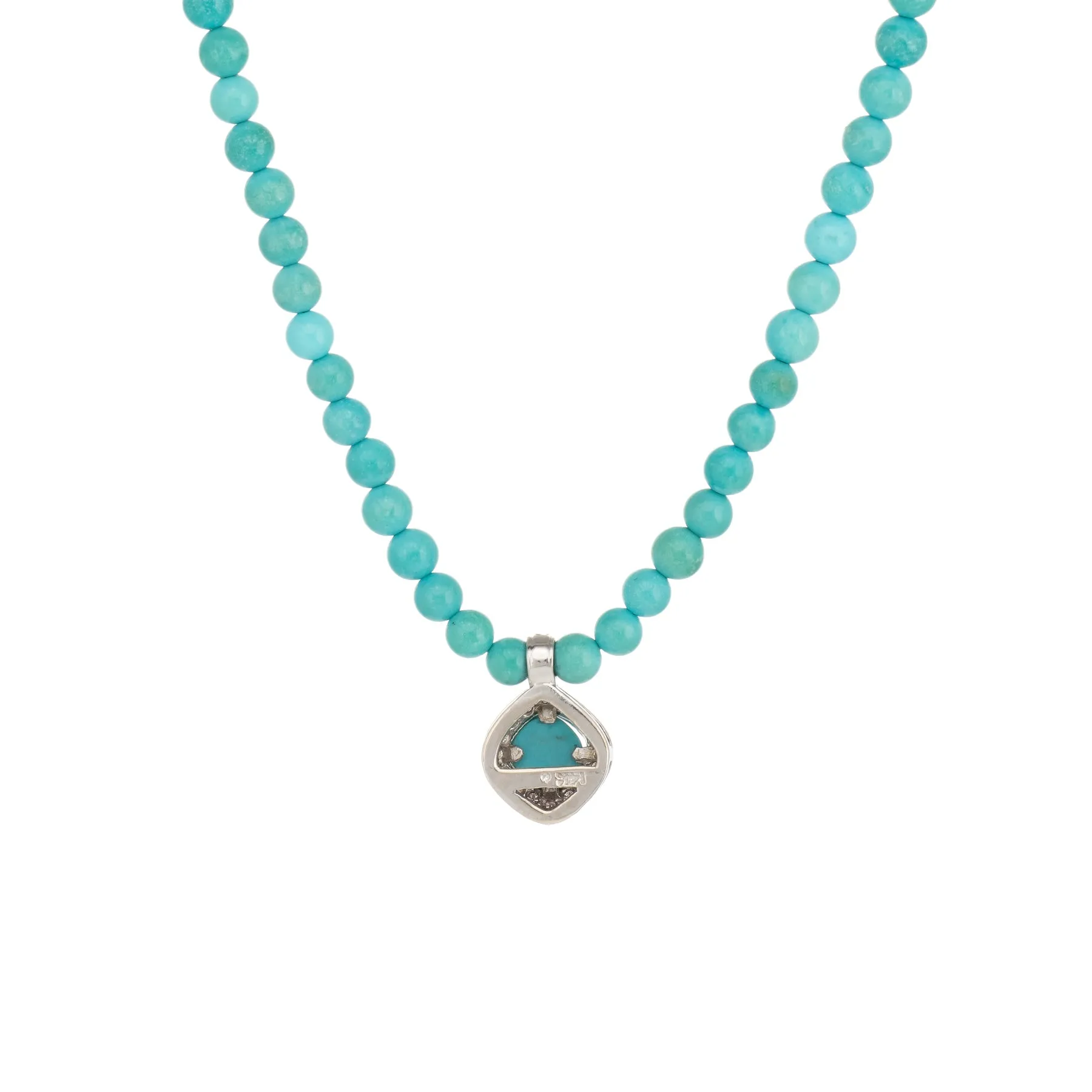 Vintage Turquoise Bead Necklace Diamond Drop 14k White Gold Choker 14" Jewelry