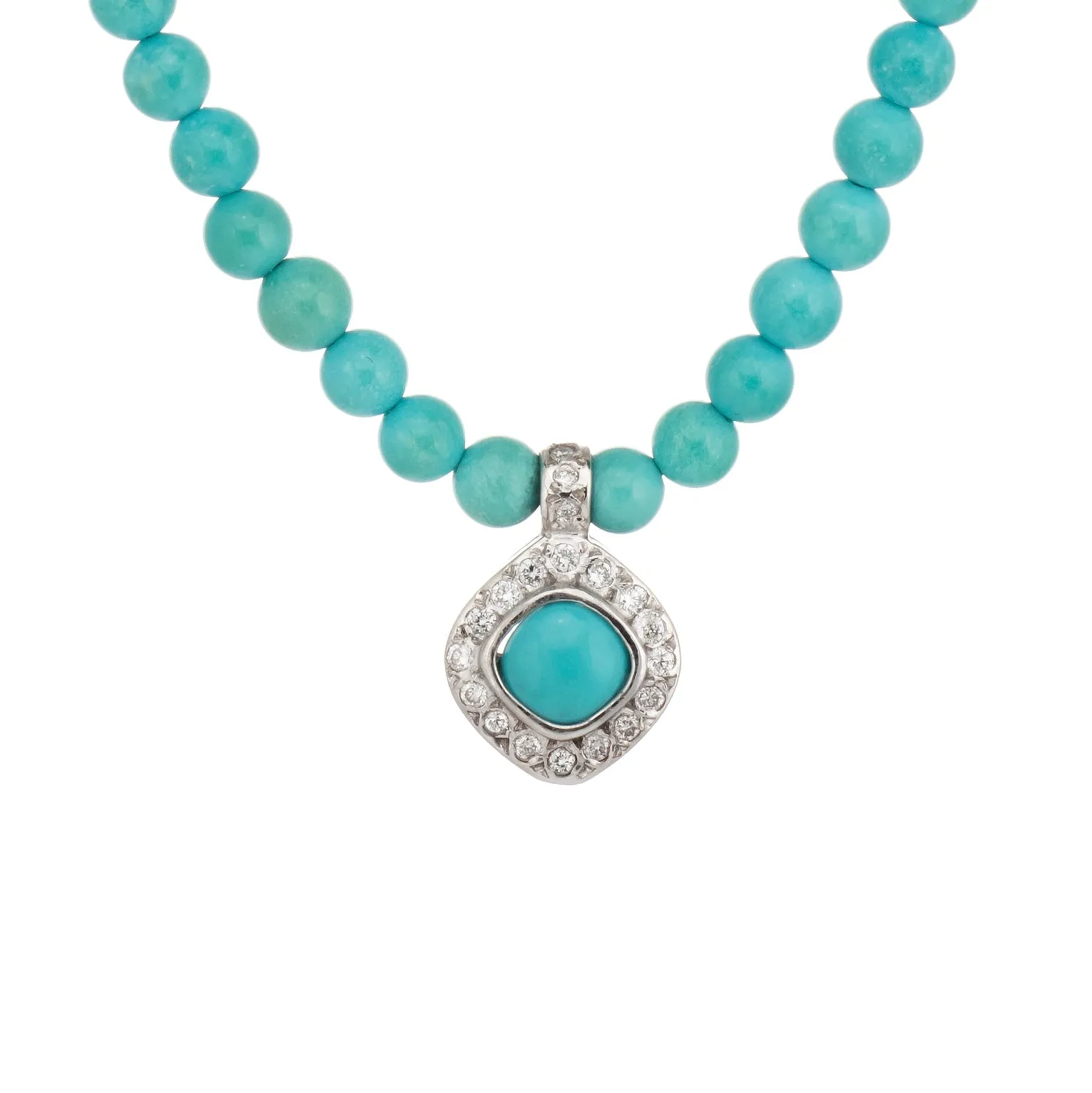 Vintage Turquoise Bead Necklace Diamond Drop 14k White Gold Choker 14" Jewelry