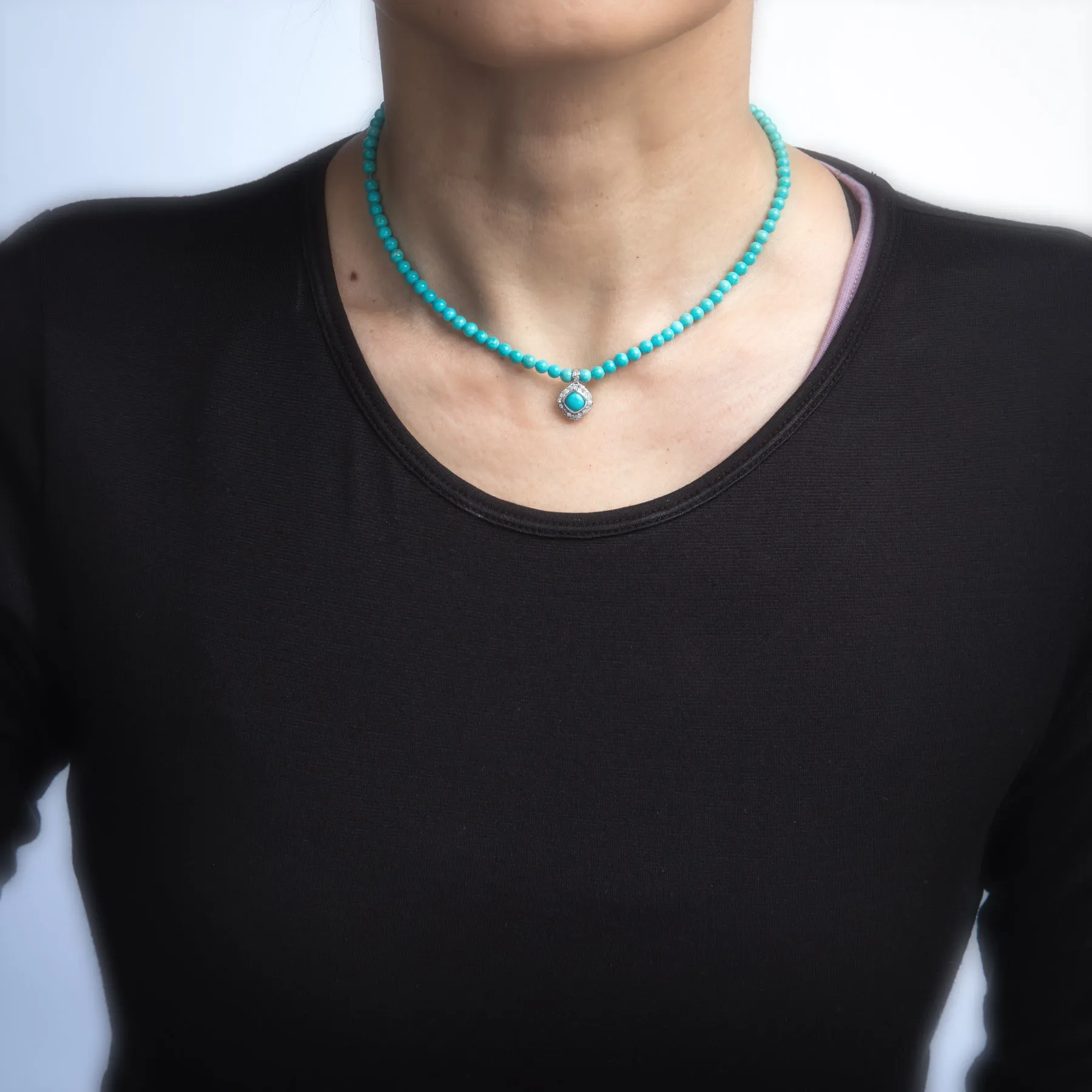 Vintage Turquoise Bead Necklace Diamond Drop 14k White Gold Choker 14" Jewelry