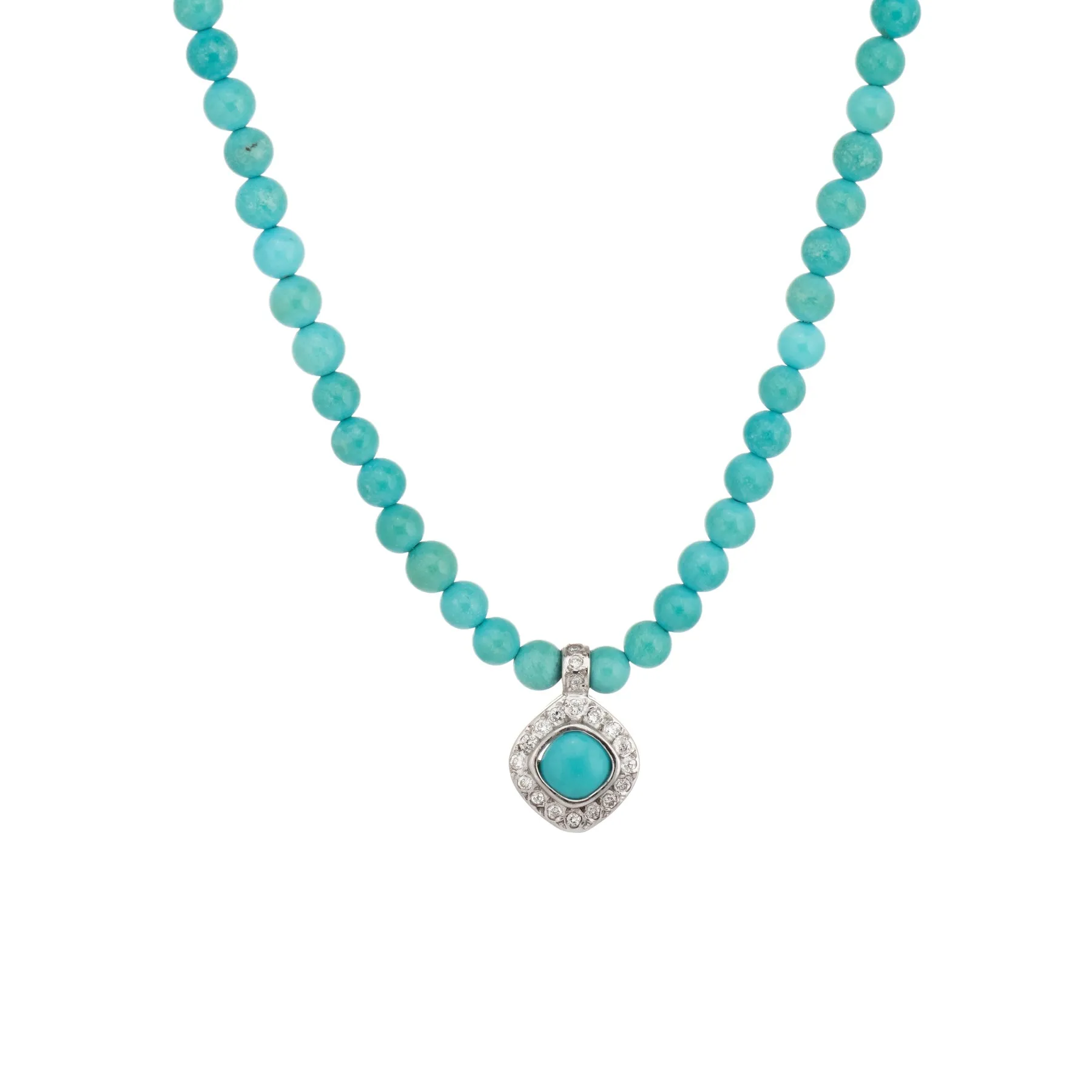 Vintage Turquoise Bead Necklace Diamond Drop 14k White Gold Choker 14" Jewelry