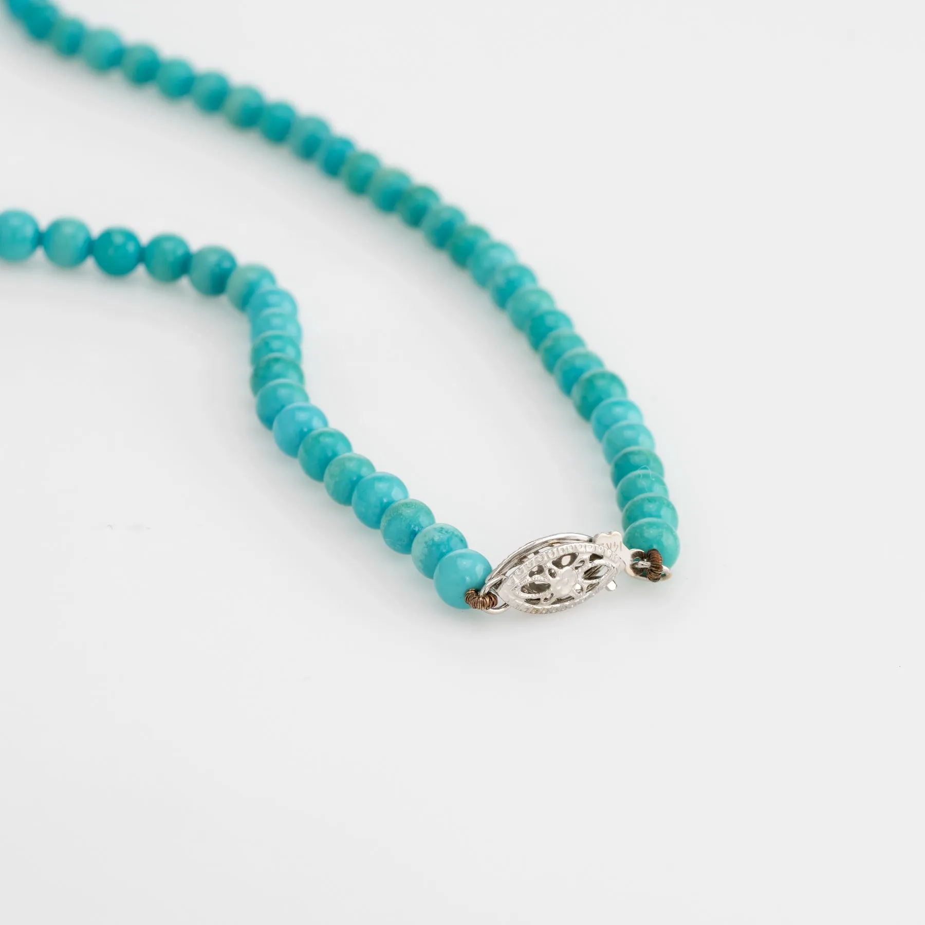 Vintage Turquoise Bead Necklace Diamond Drop 14k White Gold Choker 14" Jewelry