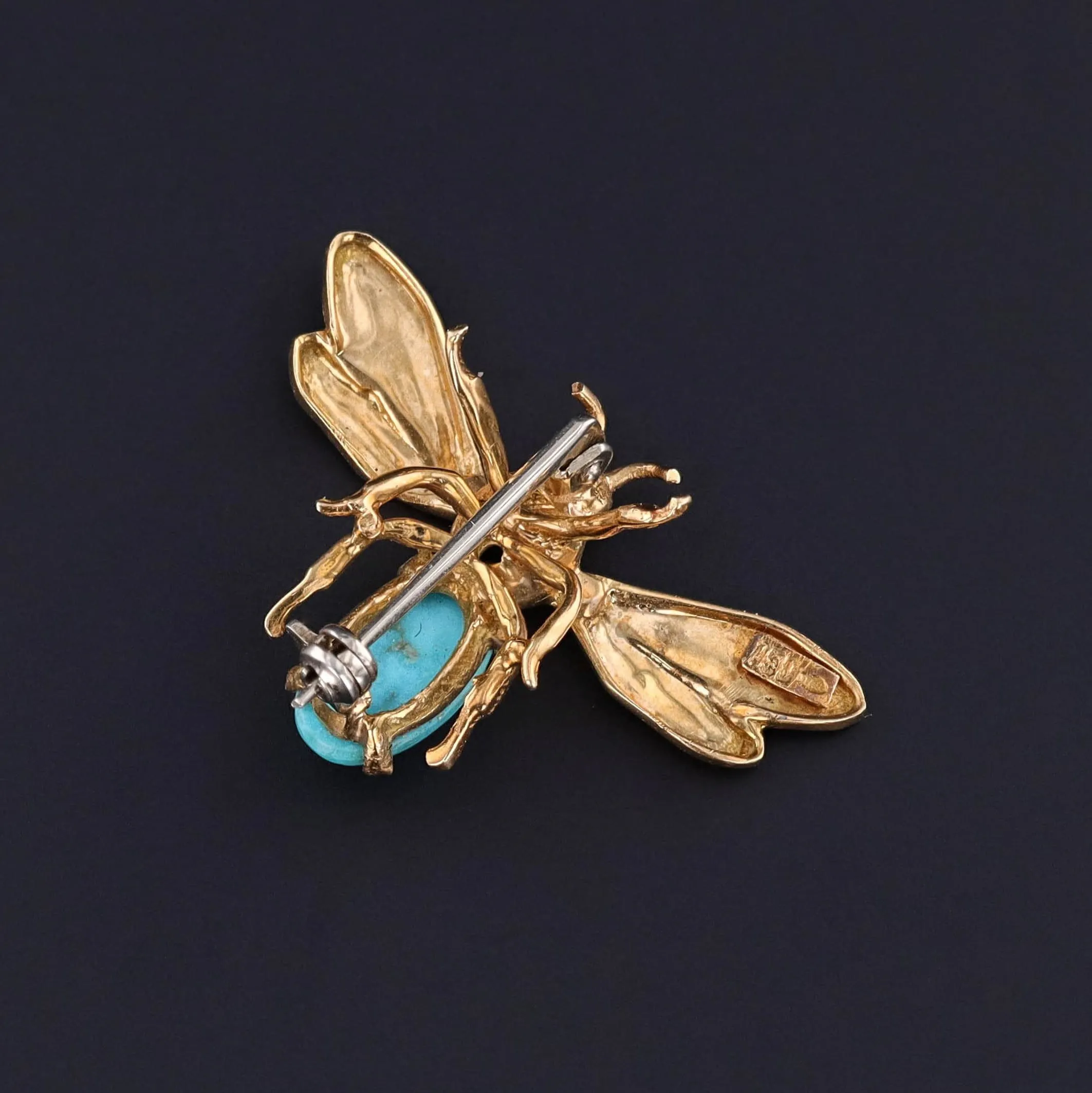 Vintage Turquoise Bee or Insect Brooch of 18k Gold