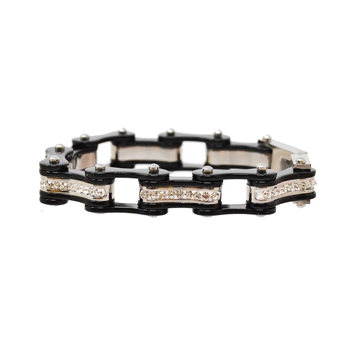 VJ1117 Two Tone Black and Black Ladies Bike Chain Bracelet with White Crystal Centers