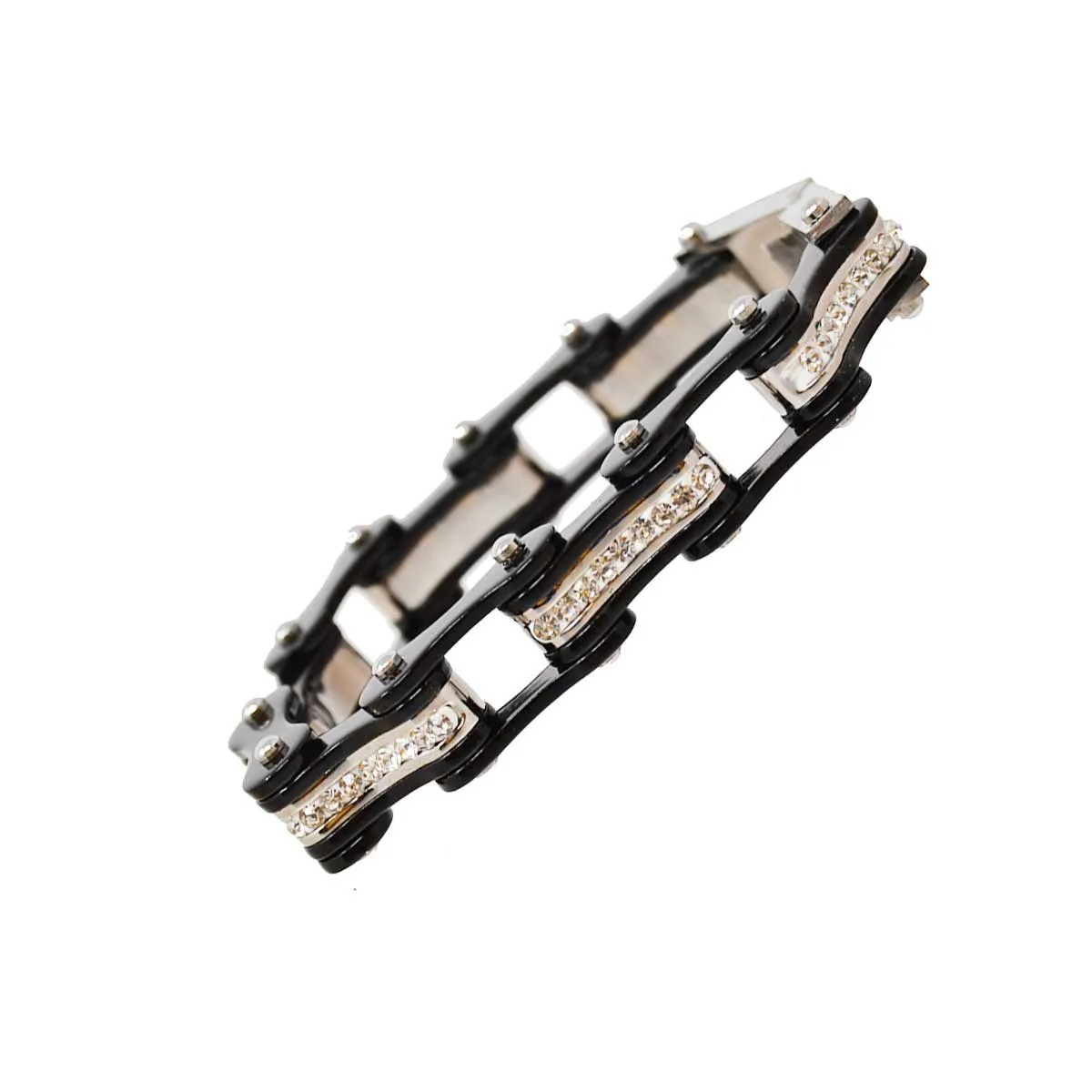VJ1117 Two Tone Black and Black Ladies Bike Chain Bracelet with White Crystal Centers