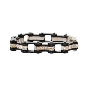 VJ1117 Two Tone Black and Black Ladies Bike Chain Bracelet with White Crystal Centers