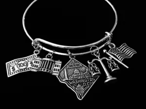 Washington DC Expandable Charm Bracelet White House Adjustable Silver Bangle One Size Fits All Gift School Trip Jewelry
