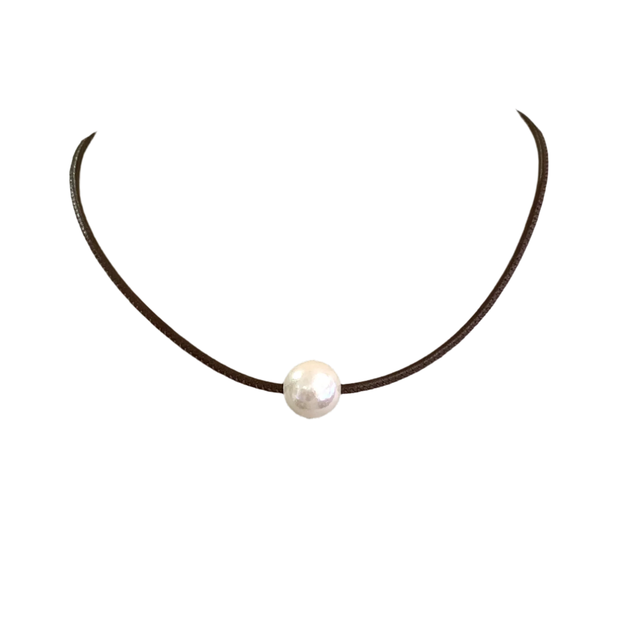 White Edison Pearl on Stitched Leather Choker