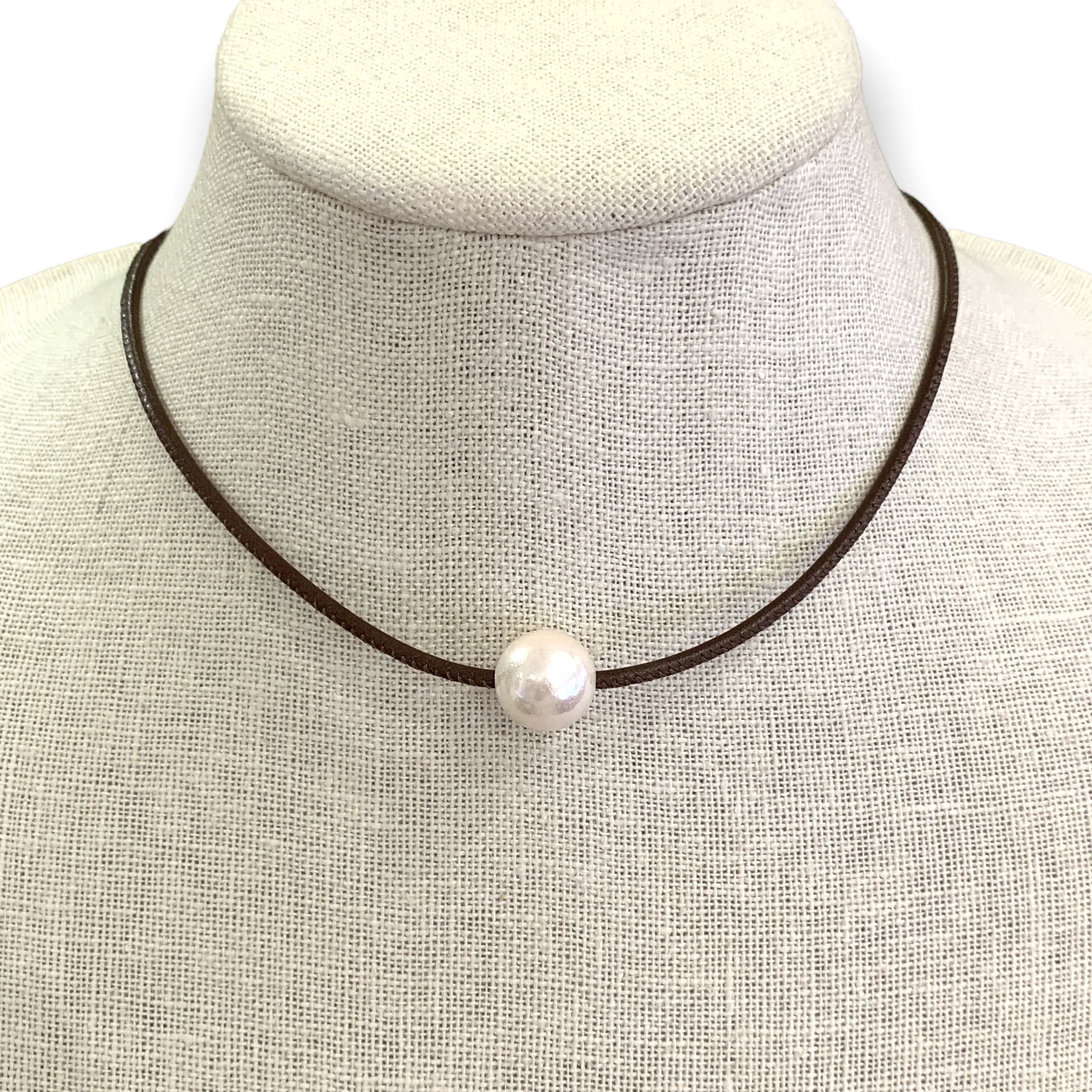 White Edison Pearl on Stitched Leather Choker
