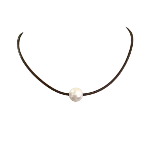 White Edison Pearl on Stitched Leather Choker