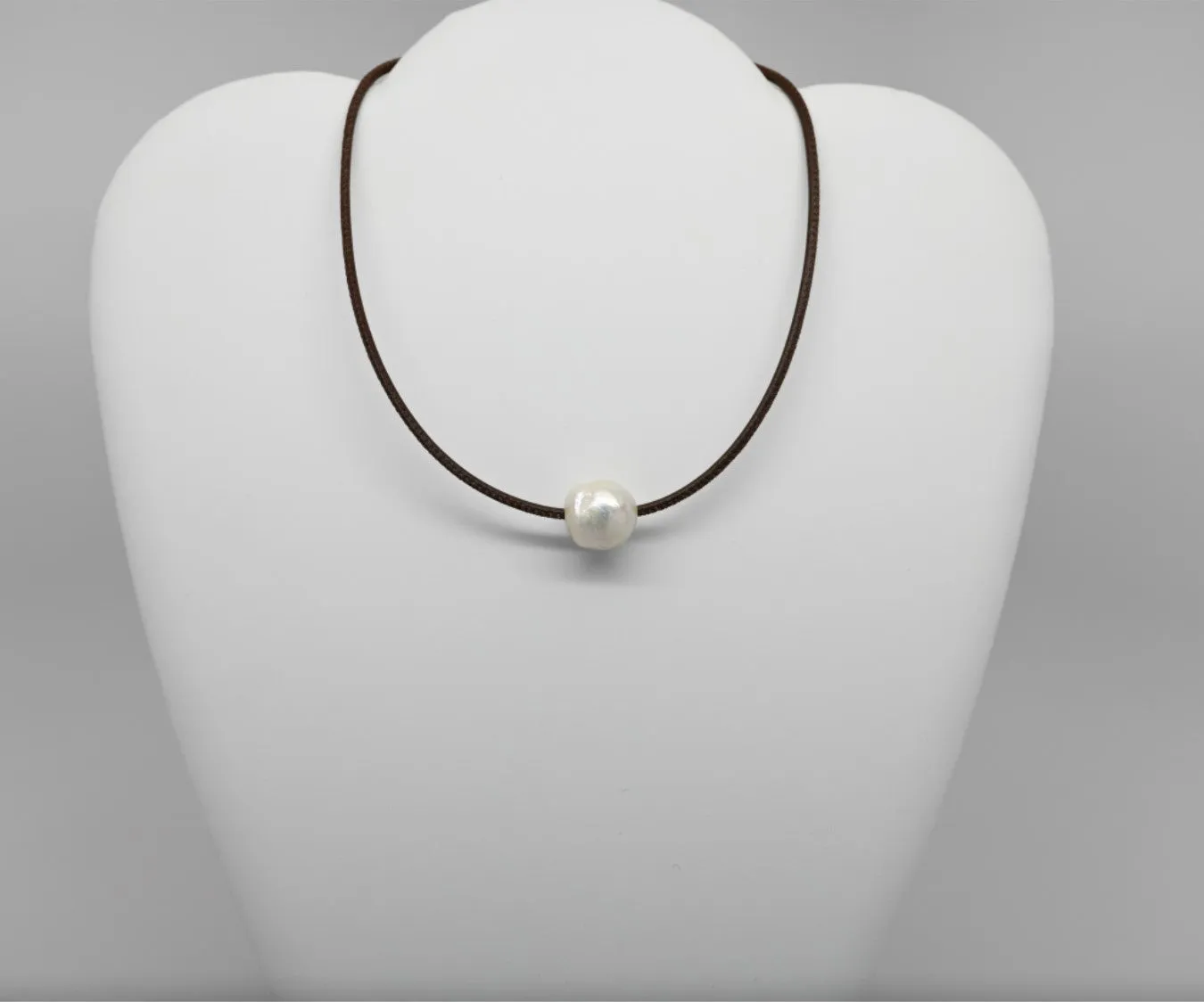 White Edison Pearl on Stitched Leather Choker