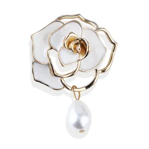 White Enamel & Pearl 18K Gold-Plated Camellia Flower Brooch