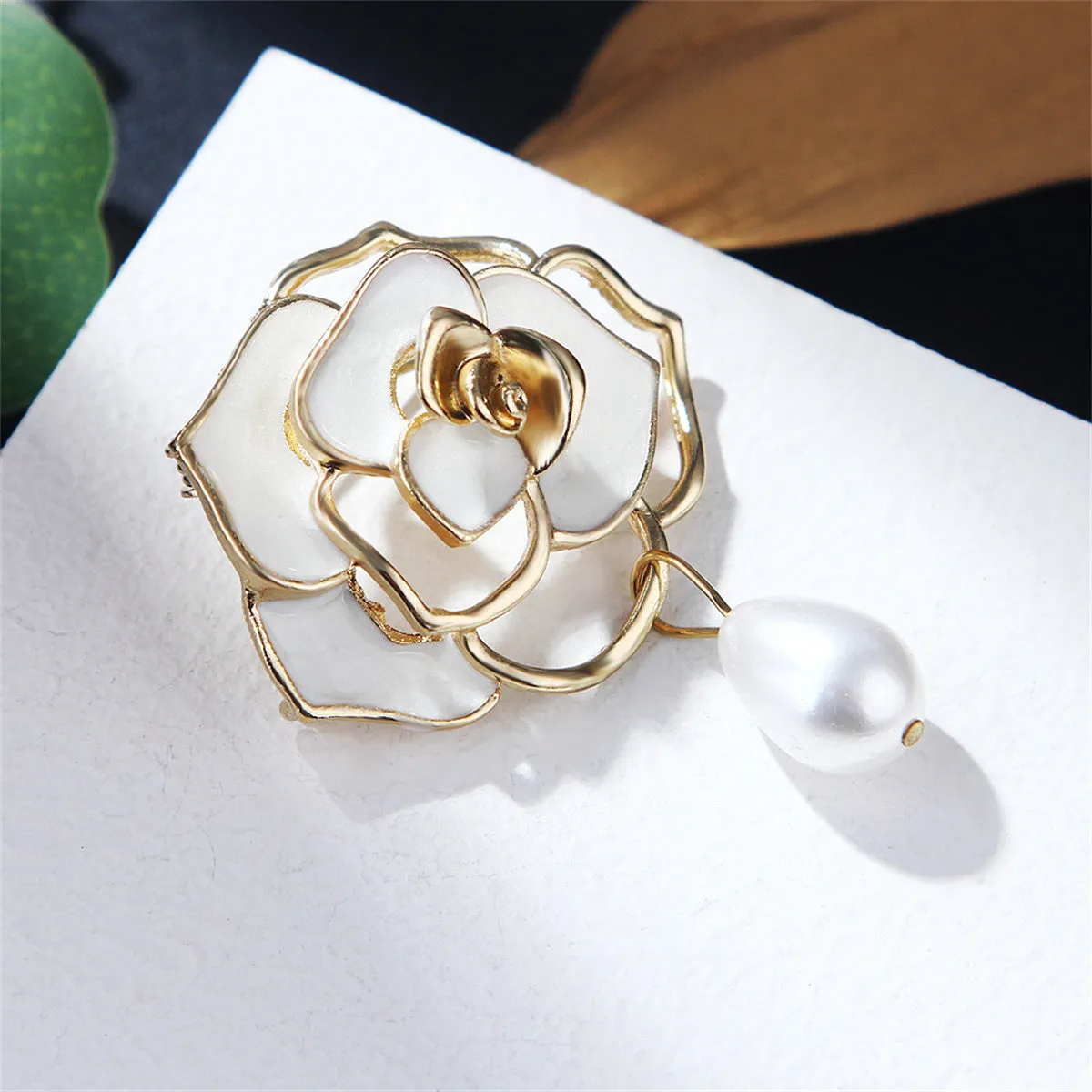 White Enamel & Pearl 18K Gold-Plated Camellia Flower Brooch