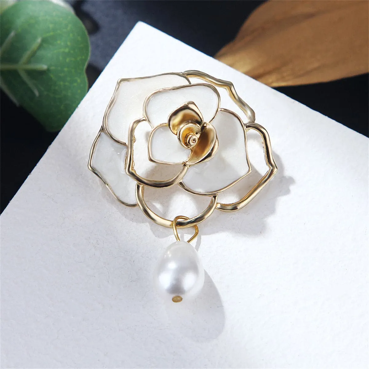 White Enamel & Pearl 18K Gold-Plated Camellia Flower Brooch
