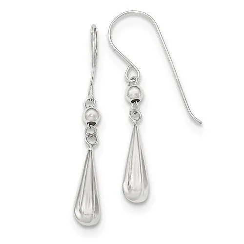 White Gold Grooved Puffed Teardrop Shepherd Hook Earrings