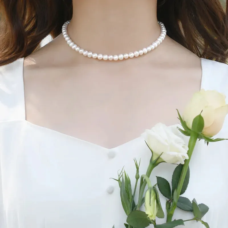 White Pearl Beaded Chain Choker Necklace