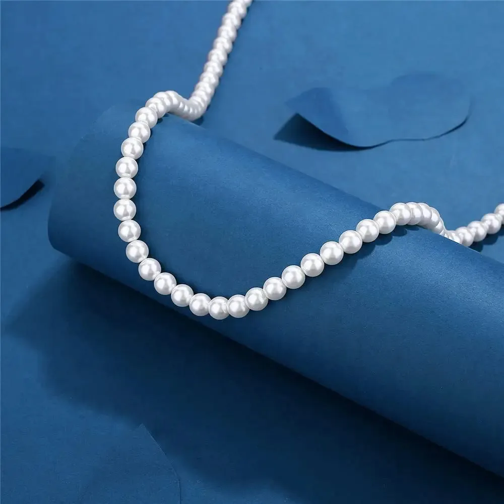 White Pearl Beaded Chain Choker Necklace