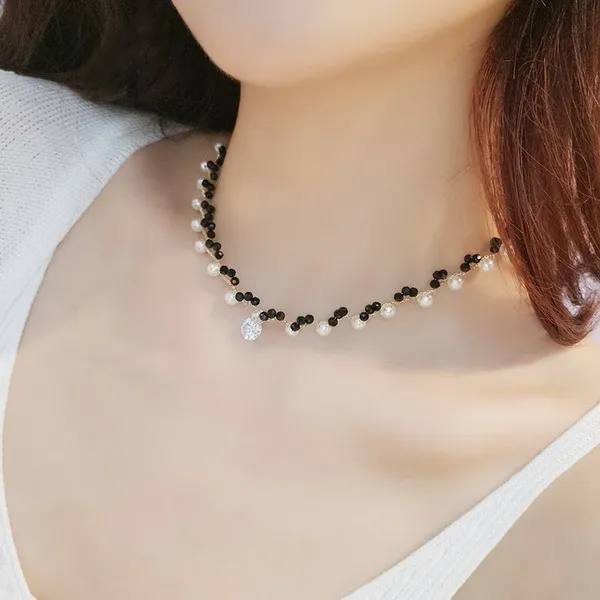 Wholesale black crystal crystal pearl necklace JDC-NE-BY039
