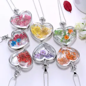 Wholesale Heart Shaped Alloy Fashion Dried Flower Transparent Crystal Necklace JDC-NE-YinH010