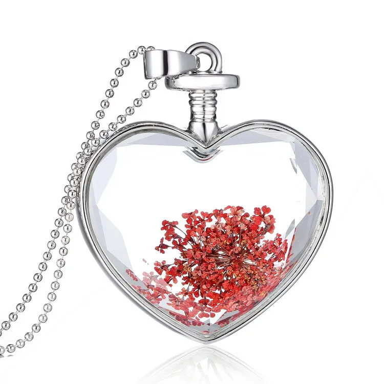 Wholesale Heart Shaped Alloy Fashion Dried Flower Transparent Crystal Necklace JDC-NE-YinH010