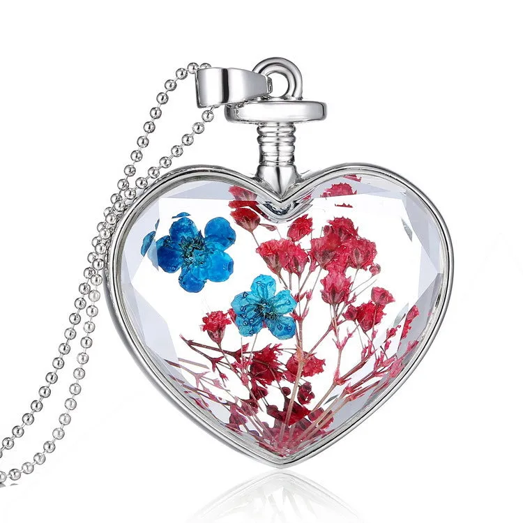 Wholesale Heart Shaped Alloy Fashion Dried Flower Transparent Crystal Necklace JDC-NE-YinH010