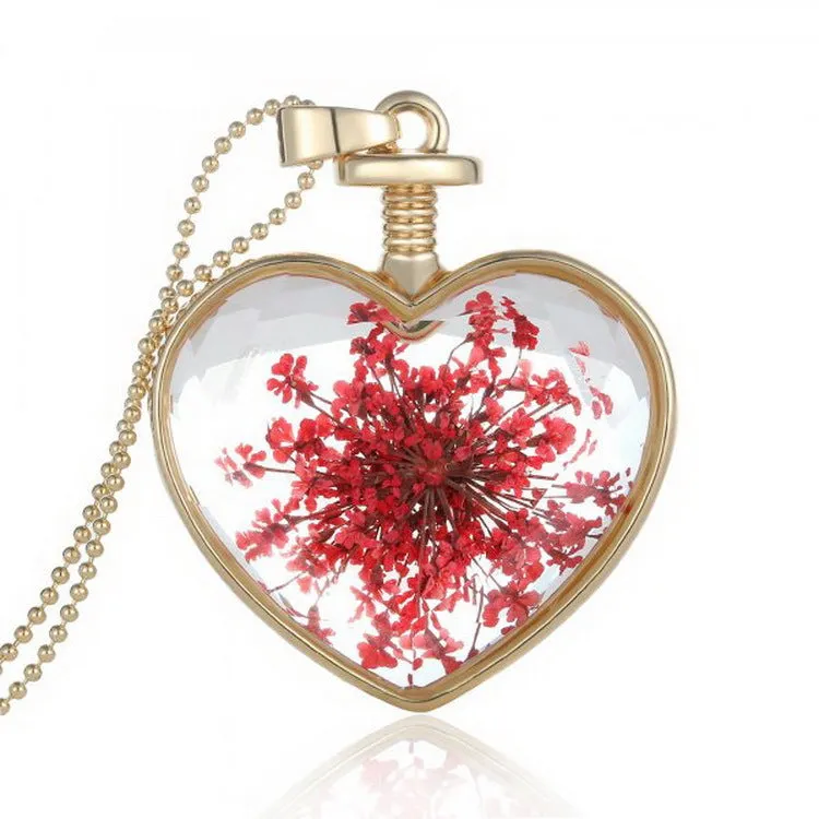 Wholesale Heart Shaped Alloy Fashion Dried Flower Transparent Crystal Necklace JDC-NE-YinH010