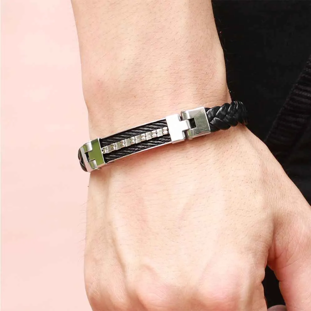 Wholesale Stainless Steel Men Jewelry Rope Bracelet Genuine PU Leather Specail Button For Men Bracelet